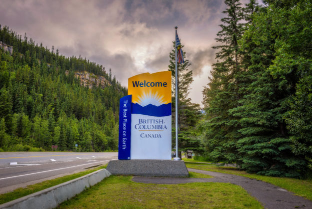 Photo of roadside sign saying Welcome to British Columbia, in Mount Robson Provincial Park