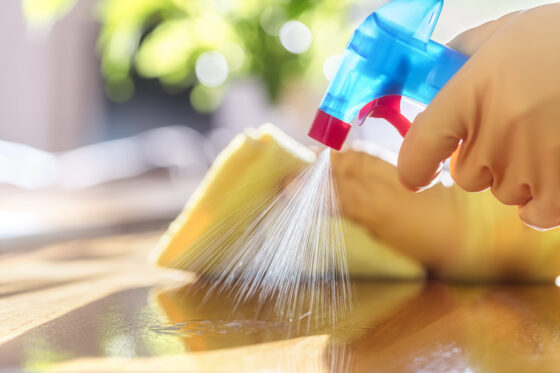Photo of cleaning surface with hands in yellow rubber gloves holding spray bottle and sponge