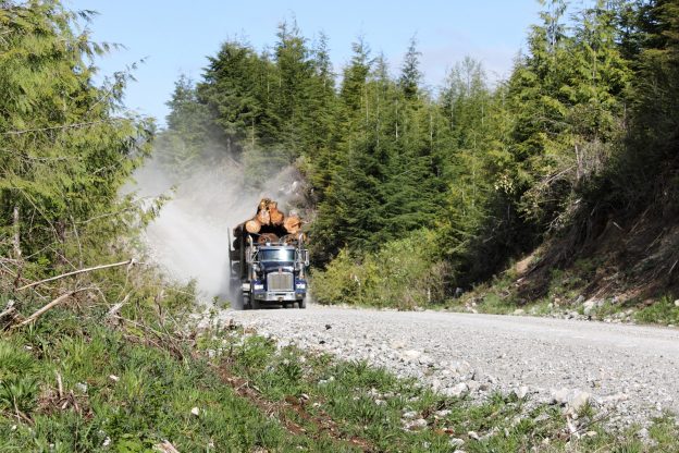 Photo of a loaded logging truck driving on a resource road.