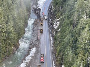 Photo of road repairs underway after flood and landslide damage on BC Highway 3 between Hope and Princeton, November 17, 2021