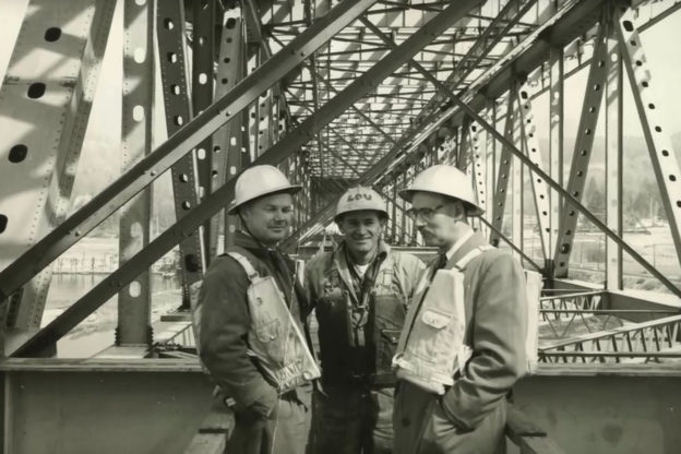 Photo of three workmen at the Second Narrows Bridge in 1958